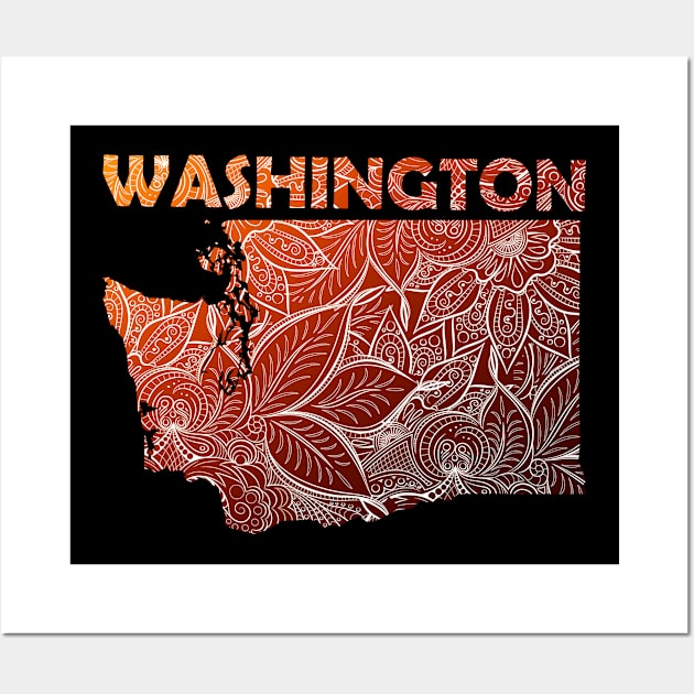 Colorful mandala art map of Washington with text in brown and orange Wall Art by Happy Citizen